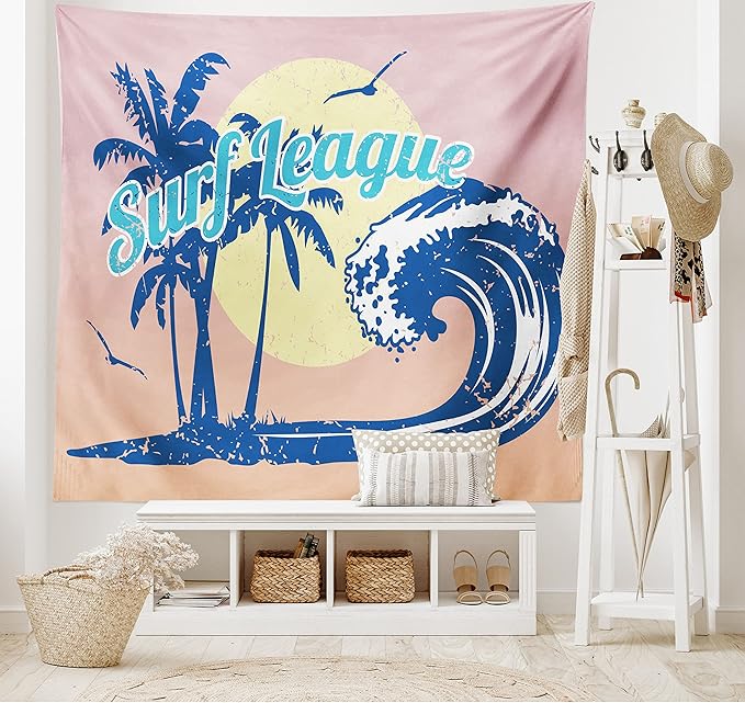 Lunarable Vintage Hawaii Tapestry, Surf League Lettering with Wave Tropical Trees and Birds Silhouettes Print, Fabric Wall Hanging Decor for Bedroom Living Room Dorm, 45" X 30", Pink Blue