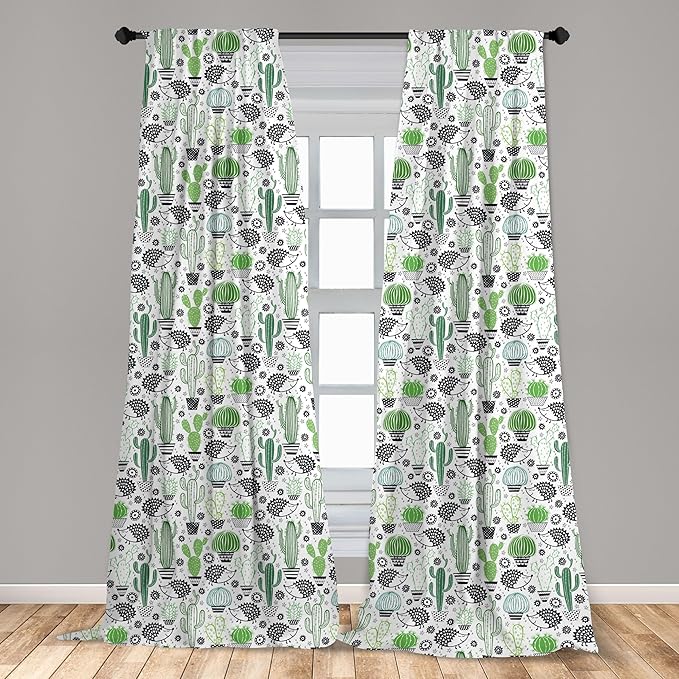 Ambesonne Cactus Curtains, Cartoon Style Inspired Drawing of Hedgehog Animals Saguaro and Prickly Pear, Window Treatments 2 Panel Set for Living Room Bedroom, Pair of - 28" x 95", White Green