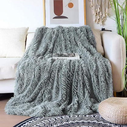 Tuddrom Decorative Extra Soft Faux Fur Blanket Twin Size 70"x78",Solid Reversible Fuzzy Fluffy Cozy Plush Fleece Comfy Microfiber Fur Blanket for Couch Sofa Bed,Gray Blue