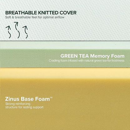 ZINUS 8 Inch Green Tea Memory Foam Mattress, King, Fiberglass Free, Patented Custom Contour Support, Sturdy Base Foam, CertiPUR-US Certified, Mattress in A Box, White