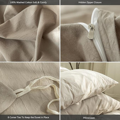 MooMee Bedding Duvet Cover Set 100% Washed Cotton Linen Like Textured Breathable Durable Soft Comfy (Solid Light Camel, Queen 90"x90")