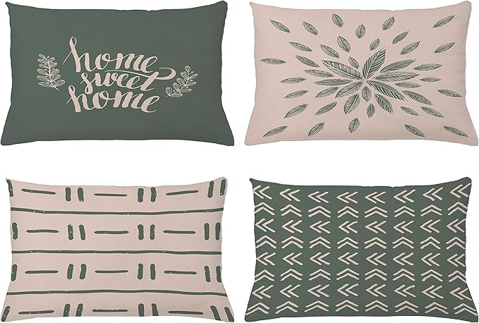 Ambesonne Modern Throw Pillow CushiCase Pack 4, Scandinavian Minimal Ornaments Boho Feather Leaves Home Phrase, Modern Accent Double-Sided Digital Printing, 20" x 12", Pale Tan and Reseda Green