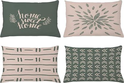 Ambesonne Modern Throw Pillow CushiCase Pack 4, Scandinavian Minimal Ornaments Boho Feather Leaves Home Phrase, Modern Accent Double-Sided Digital Printing, 20" x 12", Pale Tan and Reseda Green