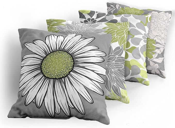Ambesonne Floral Throw Pillow Cushion Case Pack of 4, Flower Petals Color Palette Chamomile Peony Dahlia and Sunflower, Accent Double-Sided Digital Printing, 20", Grey Pastel Green