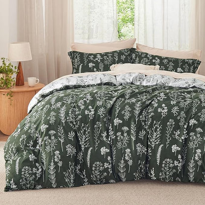 Bedsure Twin/Twin XL Comforter Set - Dark Olive Green Bed Set, 2 Pieces Cute Floral Bedding, 1 Soft Reversible Botanical Flowers Comforter and 1 Pillow Sham