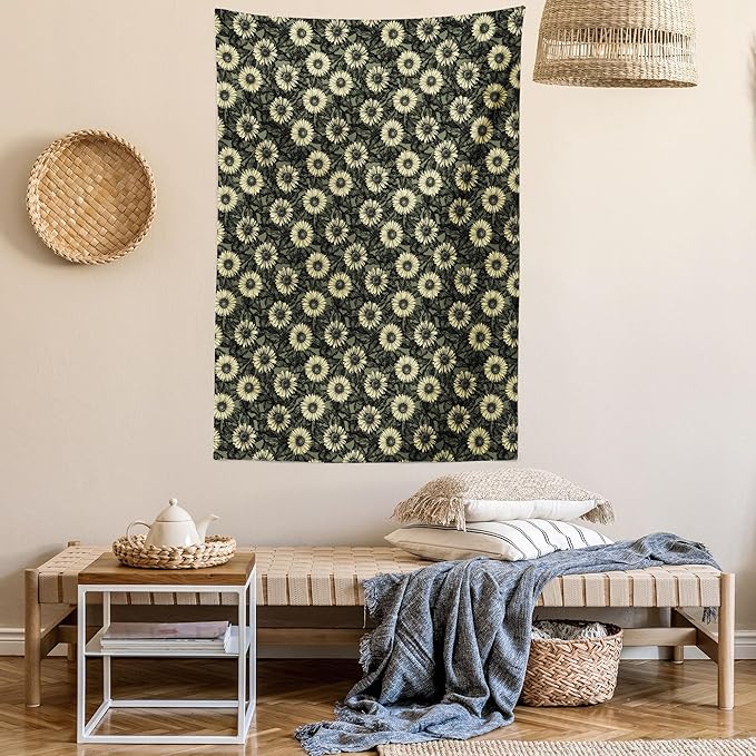Lunarable Sunflower Tapestry Twin Size, Abstract Nature Inspired Illustration Bouquet Retro Composition, Wall Hanging Bedspread Bed Cover Wall Decor, Twin Size, Yellow Green