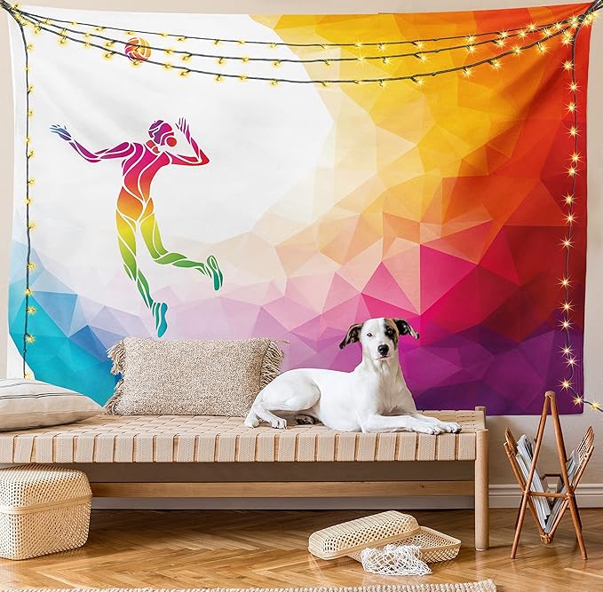 Lunarable Volleyball Tapestry, Colorful Polygonal Background Triangles Jumping Woman Striking The Ball, Wide Wall Hanging for Bedroom Living Room Dorm, 60" X 40", Purple Blue