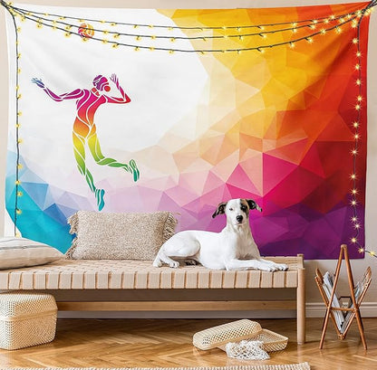 Lunarable Volleyball Tapestry, Colorful Polygonal Background Triangles Jumping Woman Striking The Ball, Wide Wall Hanging for Bedroom Living Room Dorm, 60" X 40", Purple Blue
