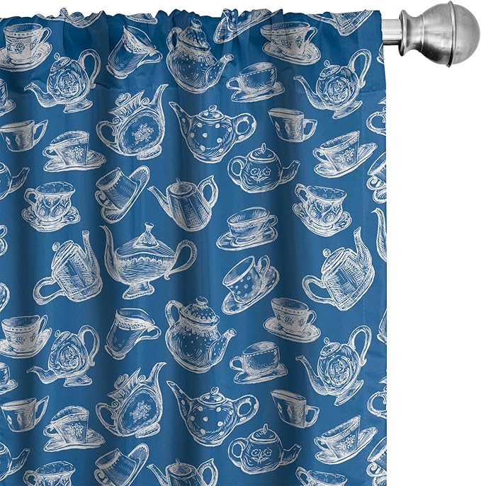 Ambesonne Teapot Window Curtains, Rhythmic Engraving Sketch Style Dotted Pots Tea Vintage Cups Pattern, Lightweight Decor 2-Panel Set with Rod Pocket, Pair of - 28" x 95", Cobalt Blue and White