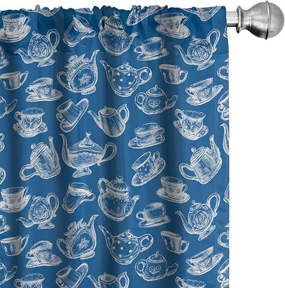 Ambesonne Teapot Window Curtains, Rhythmic Engraving Sketch Style Dotted Pots Tea Vintage Cups Pattern, Lightweight Decor 2-Panel Set with Rod Pocket, Pair of - 28" x 95", Cobalt Blue and White