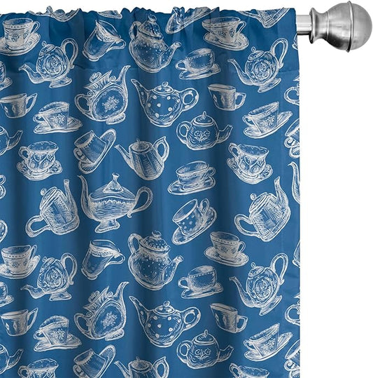Ambesonne Teapot Window Curtains, Rhythmic Engraving Sketch Style Dotted Pots Tea Vintage Cups Pattern, Lightweight Decor 2-Panel Set with Rod Pocket, Pair of - 28" x 95", Cobalt Blue and White