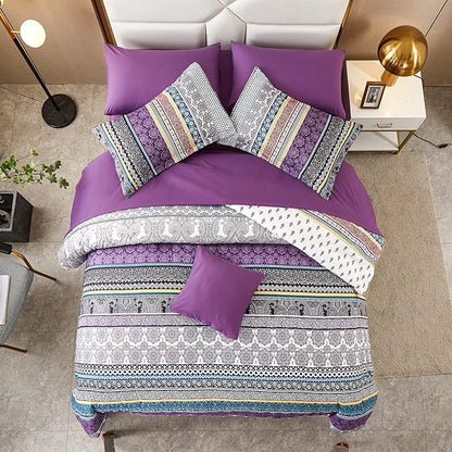 Boho Comforter Set California King Size,8 Piece Bed in a Bag Bohemian Striped Bedding Quilt Set,Purple Paisley Floral Comforter and Sheet Set,Soft Microfiber Complete Bedding Sets for All Season