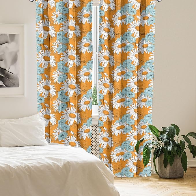 Ambesonne Orange Window Curtains, Blooming Spring Daisies on Orange Backdrop Romantic Feminine Petals, Lightweight Decorative Panels Set of 2 with Rod Pocket, Pair of - 28" x 63", Blue Orange