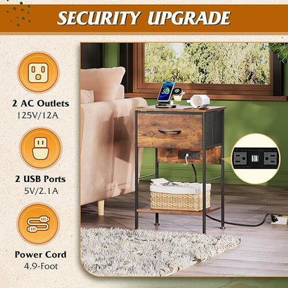 WLIVE Night Stand with Charging Station, Small Nightstand with Fabric Drawer and Open Shelf, 25" H Bedside Table for Bedroom, 2-Tier Storage End Tables, Dresser for Dorm, Entryway, Rustic Brown