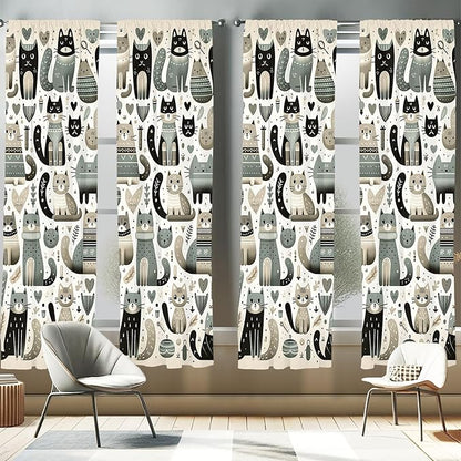 Ambesonne Cats Window Curtains Pack of 2, Modern Scandinavian Inspired Innocent Kitten Pattern with Leafy Details, Lightweight Set with Rod Pocket, 4 Panels of - 28" x 84", Pale Teal Pale Khaki Grey