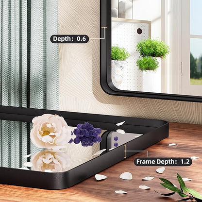 Hasipu Black Bathroom Wall-Mounted Mirror 50x40 Inch Rounded Rectangle Vanity Mirror Metal Framed Wall Mirrors Anti-Rust Surface Mount Over Sink (Hangs Horizontal or Vertical)