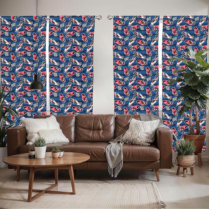 Ambesonne Cars Window Curtains Pack of 2, Vintage Racing Cars on Blue Stripes with Checkered Flags Automobile Sports, Lightweight Set with Rod Pocket, 4 Panels of - 28" x 63", Navy Blue