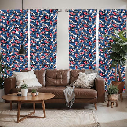 Ambesonne Cars Window Curtains Pack of 2, Vintage Racing Cars on Blue Stripes with Checkered Flags Automobile Sports, Lightweight Set with Rod Pocket, 4 Panels of - 28" x 84", Navy Blue