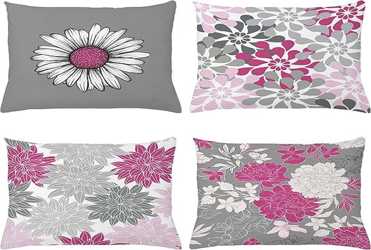 Ambesonne Floral Throw Pillow CushiCase Pack 4, Flower Petals Modern Color Palette Chamomile Peony Dahlia Sunflower Print, Modern Accent Double-Sided Digital Printing, 20" x 12", Pink and Grey