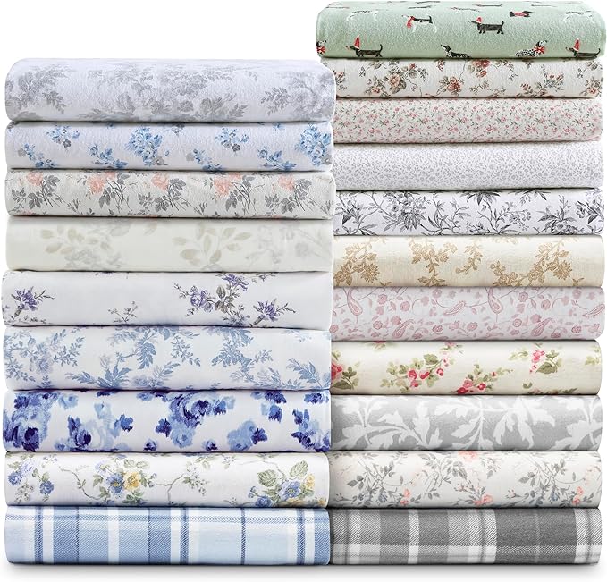 Laura Ashley - Flannel Sheets Queen Size, Anti-Pilling & Wrinkle Resistant Cotton, Touchably Soft for All-Season Comfort - Bed Sheets with Matching Pillowcases & Fitted Sheet (Le Fleur Orange)