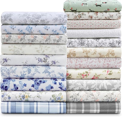 Laura Ashley - Flannel Sheets Full Size, Anti-Pilling & Wrinkle Resistant Cotton, Touchably Soft for All-Season Comfort - Bed Sheets with Matching Pillowcases & Fitted Sheet (Audrey Blue)