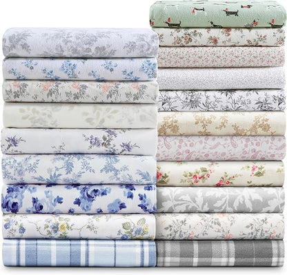 Laura Ashley - Flannel Sheets King Size, Anti-Pilling & Wrinkle Resistant Cotton, Touchably Soft for All-Season Comfort - Bed Sheets with Matching Pillowcases & Fitted Sheet (Audrey Blue)