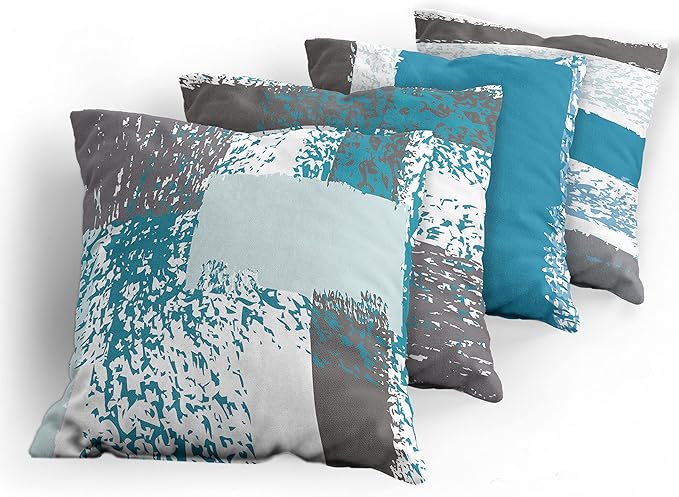 Ambesonne Grunge Throw Pillow Cushion Case Pack of 4, Abstract Design Simplistic Minimal Stripes Brushstrokes Contemporary, Modern Accent Double-Sided Digital Printing, 16", Sea Blue Grey and White