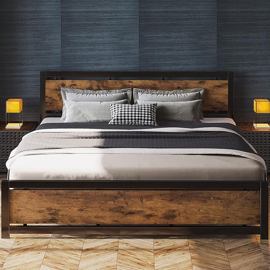LIKIMIO King Bed Frame with Headboard and Footboard, Metal Strong Supports, Easy Assembly, Noise-Free, No Box Spring Needed, Vintage Brown