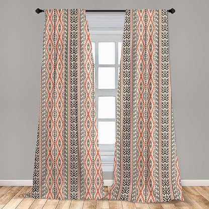 Ambesonne Southwestern Window Curtains, Traditional Vertical Borders Inspired by Prehistoric Art Ikat Style, Lightweight Decorative Panels Set of 2 with Rod Pocket, Pair of - 28" x 84", Brown Coral