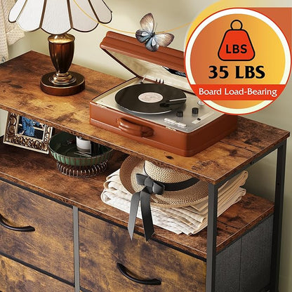 WLIVE Fabric Dresser for Bedroom with Open Shelves, Tall Dresser with 8 Drawers, Storage Tower with Fabric Bins, Chest of Drawers for Closet, Hallway, Rustic Brown Wood Grain Print