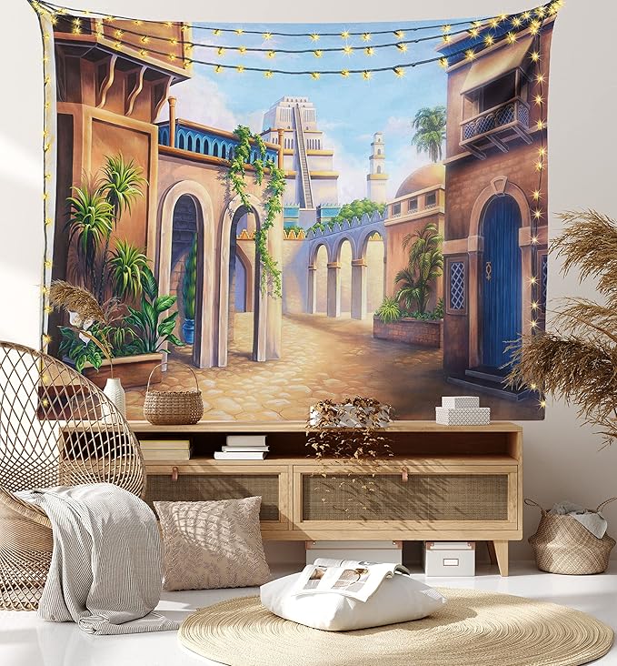 Lunarable City Tapestry King Size, Babylon City Gardens Architecture 7 Wonders of the World, Wall Hanging Bedspread Bed Cover Wall Decor, 104" X 88", Caramel Green