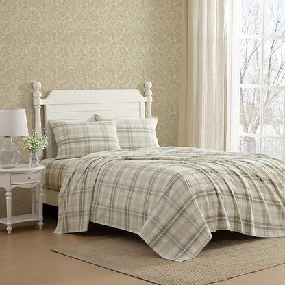 Laura Ashley - Flannel Sheets Twin Size, Anti-Pilling & Wrinkle Resistant Cotton, Touchably Soft for All-Season Comfort - Bed Sheets with Matching Pillowcase & Fitted Sheet (Mulholland Plaid Green)