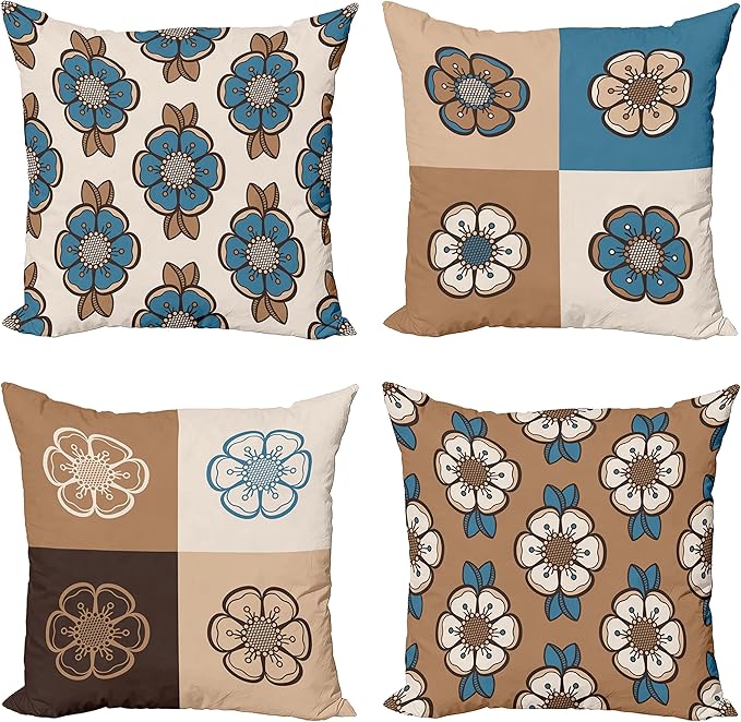 Ambesonne Retro Throw Pillow Cushion Case Pack of 4, Nostalgic Flower Petals Spring Vibes on Earthy Colors Mosaic Tile Themed, Modern Accent Double-Sided Digital Printing, 24", Sea Blue Umber and Tan