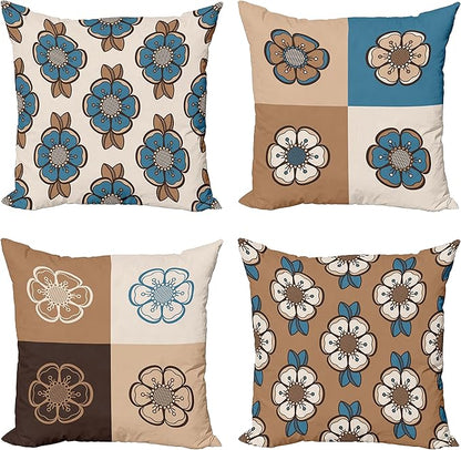 Ambesonne Retro Throw Pillow Cushion Case Pack of 4, Nostalgic Flower Petals Spring Vibes on Earthy Colors Mosaic Tile Themed, Modern Accent Double-Sided Digital Printing, 24", Sea Blue Umber and Tan