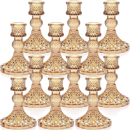 DARJEN Candlestick Holders Set, 12Pcs 4" H Taper Candle Holders Bulk, Glass Candle Holders for Wedding, Festival, Party & Windowsill Decor, Gold