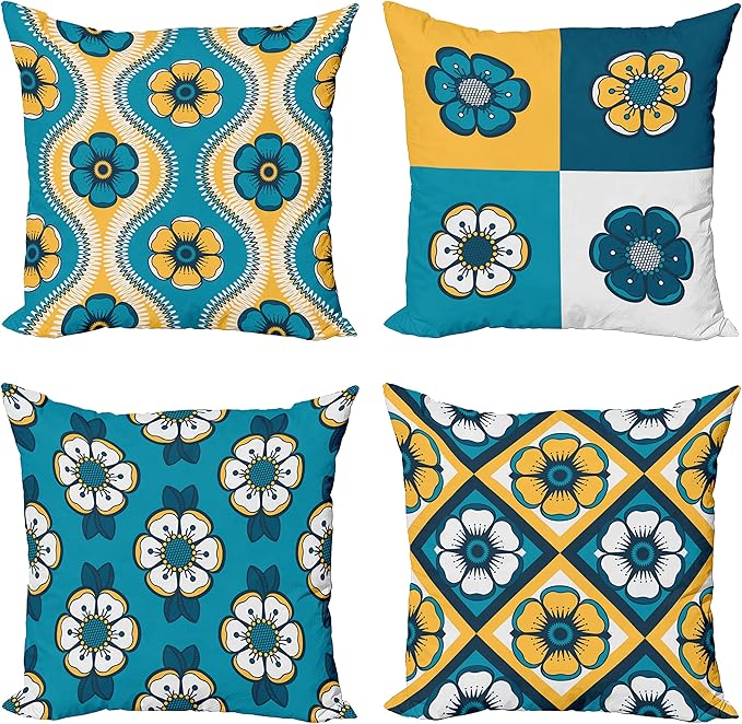 Ambesonne Vintage Throw Pillow Cushion Case Pack of 4, Nostalgic Look Abstract Flowers Squares Tile Mosaic Inspired Motif, Modern Accent Double-Sided Digital Printing, 24", Petrol Blue and Pale Orange
