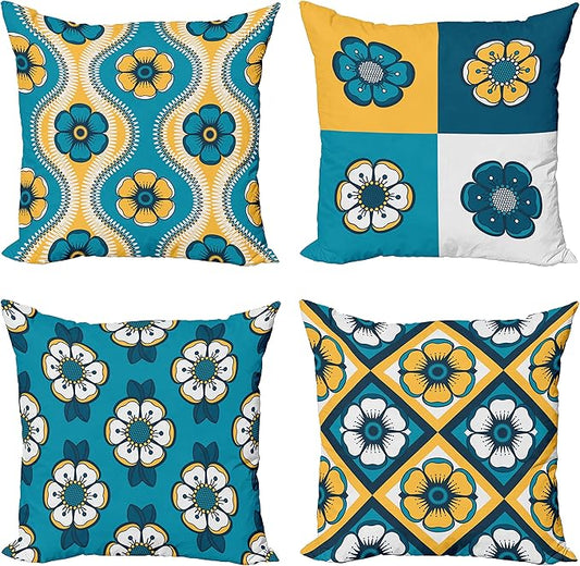 Ambesonne Vintage Throw Pillow Cushion Case Pack of 4, Nostalgic Look Abstract Flowers Squares Tile Mosaic Inspired Motif, Modern Accent Double-Sided Digital Printing, 18", Petrol Blue and Pale Orange
