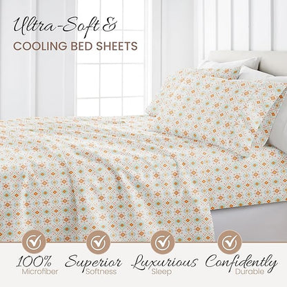 Linen Market Patterned Microfiber King Sheet Set 4 Piece – Oeko-TEX Certified Ultra Soft & Wrinkle-Free - 16" Deep Pocket Sheets - Easy Care King Size - Aztec Dreams Coral