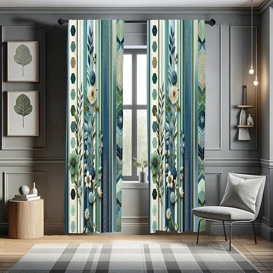 Ambesonne Bohemian Curtains, Hexagons Floral Botany Art in Cold Colors Ocean and Nature Tones, Window Treatments 2 Panel Set for Living Room Bedroom, Pair of - 28" x 84", Teal Green and Sea Blue