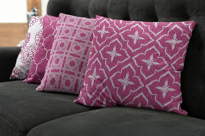 Ambesonne Vintage Throw Pillow Cushion Case Pack of 4, Monochrome Design Grid Trellis Quatrefoil Mesh and Dahlia Flowers Modern Print, Modern Accent Double-Sided Digital Printing, 24", Pink and White