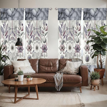 Ambesonne Geometric Floral Window Curtains Pack of 2, Classic Marble Print Ornate Leafy Flowers and Futurist Stripes, Lightweight Set with Rod Pocket, 4 Panels of - 28" x 95", Ceil Blue Laurel Green