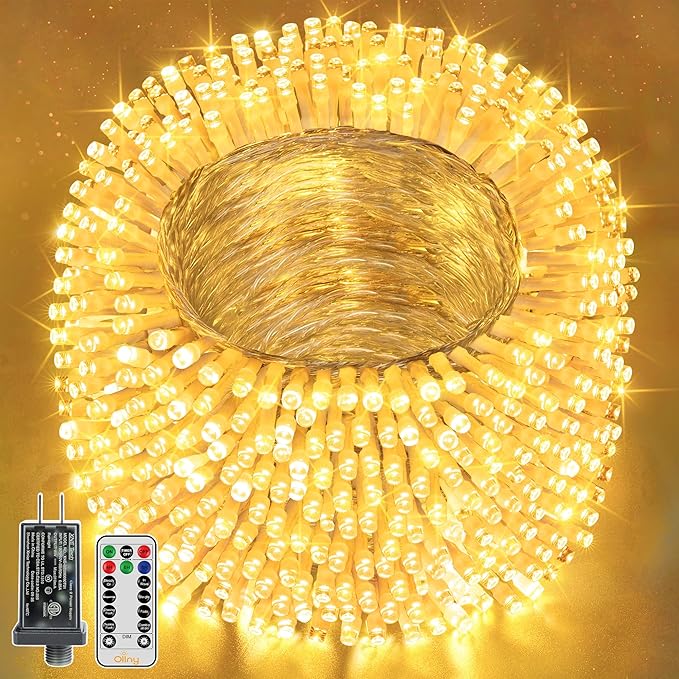 Ollny Christmas Lights Outdoor Waterproof, 1000LED 328FT Super Long String Lights with Remote 3 Timer, Plug in 8 Modes Fairy Light for Outside House Bedroom Xmas Decorations, Warm White
