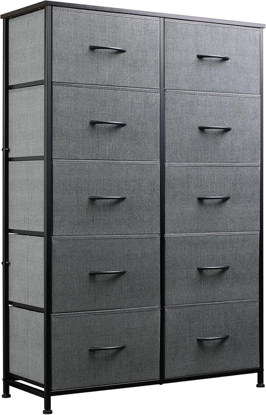 WLIVE Grey Dresser for Bedroom with 10 Fabric Drawers, Tall Organizer Units for Living Room, Clothing, Closet, Storage Tower with Cabinet, Metal Frame, Wooden Top, Furniture