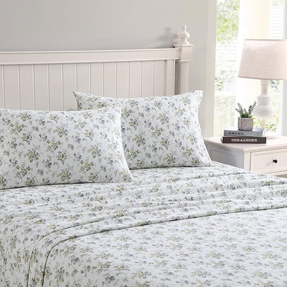 Laura Ashley - Flannel Sheets King Size, Anti-Pilling & Wrinkle Resistant Cotton, Touchably Soft for All-Season Comfort - Bed Sheets with Matching Pillowcases & Fitted Sheet (Le Fleur Cottage Blue)