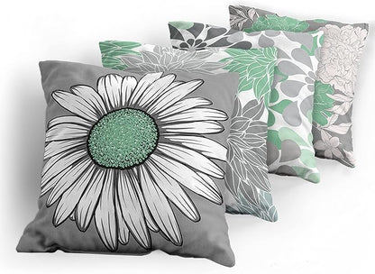 Ambesonne Floral Throw Pillow Cushion Case Pack of 4, Flower Petals Modern Color Palette Chamomile Peony Dahlia and Sunflower Print, Modern Accent Double-Sided Digital Printing, 24", Sea Green Grey