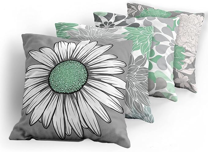 Ambesonne Floral Throw Pillow Cushion Case Pack of 4, Flower Petals Modern Color Palette Chamomile Peony Dahlia and Sunflower Print, Modern Accent Double-Sided Digital Printing, 16", Sea Green Grey