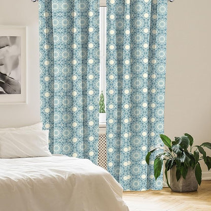 Ambesonne Circle Pattern Window Curtains, Wavy Bold Strokes Style Ornate Mandala Like Symmetrical Motif, Lightweight Decor 2-Panel Set with Rod Pocket, Pair of - 28" x 84", Petrol Blue Cream