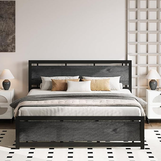 LIKIMIO California King Bed Frame with Headboard and Footboard, Metal Strong Supports, Easy Assembly, Noise-Free, No Box Spring Needed, Charcoal Grey