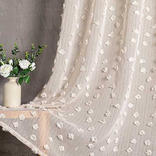 MYSKY HOME Pom Pom Beige Sheer Curtains for Bedroom Girls Room Curtains 108 Inches Long for Nursery Kids Light Filtering Boho Window Drapes, Rod Pocket, 52" Wide, 2 Panels