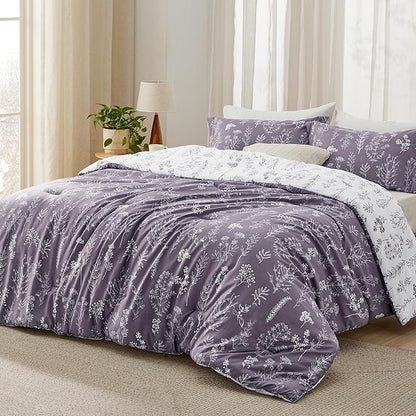 Bedsure Twin/Twin XL Comforter Set - Grayish Purple Bed Set, 2 Pieces Cute Floral Bedding, 1 Soft Reversible Botanical Flowers Comforter and 1 Pillow Sham